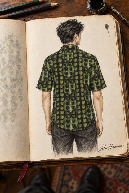 Designer Handbook back of Leaves Men's Short Sleeve Shirt, drawn in John Hermann's atelier sketchbook
