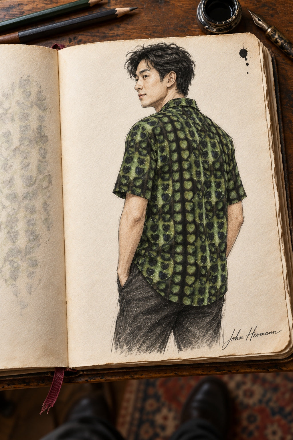 Designer Handbook right three-quarter of Leaves Men's Short Sleeve Shirt, drawn in John Hermann's atelier sketchbook
