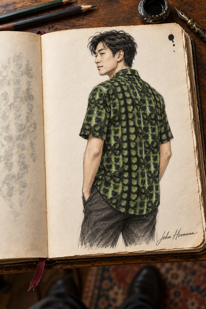 Designer Handbook right three-quarter of Leaves Men's Short Sleeve Shirt, drawn in John Hermann's atelier sketchbook