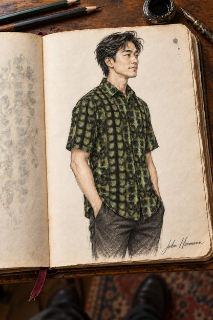 Designer Handbook left three-quarter of Leaves Men's Short Sleeve Shirt, drawn in John Hermann's atelier sketchbook