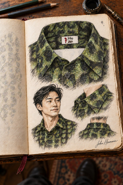 Designer Handbook collar and interior label construction of Leaves Men's Short Sleeve Shirt, drawn in John Hermann's atelier sketchbook