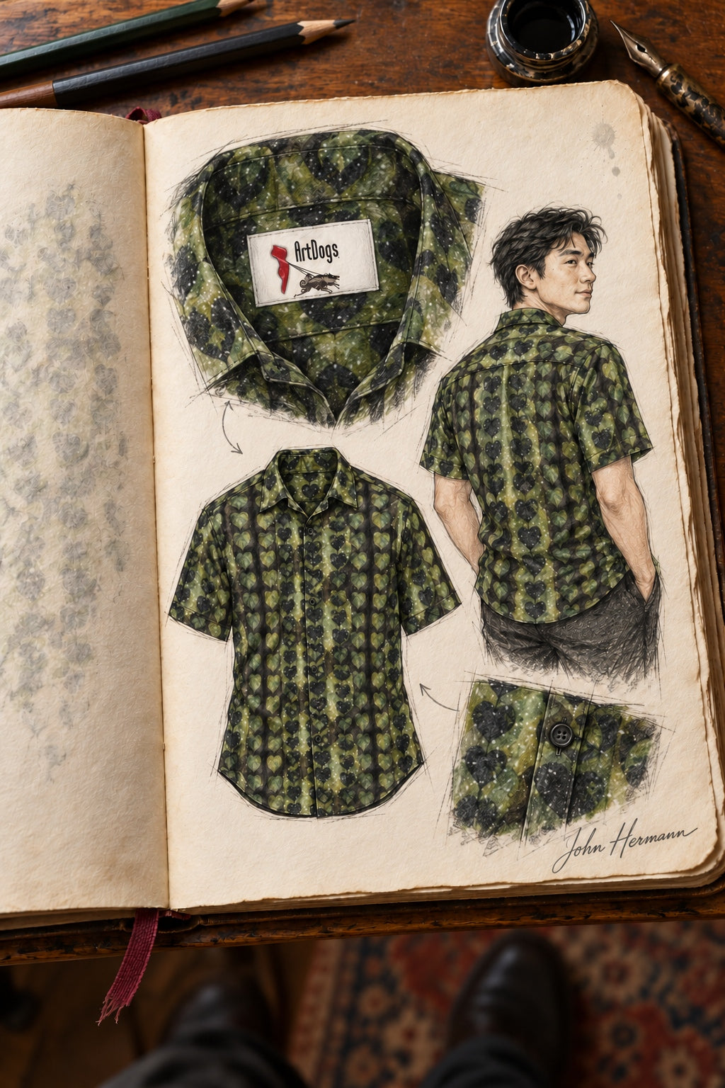 Designer Handbook interior collar label macro of Leaves Men's Short Sleeve Shirt, drawn in John Hermann's atelier sketchbook