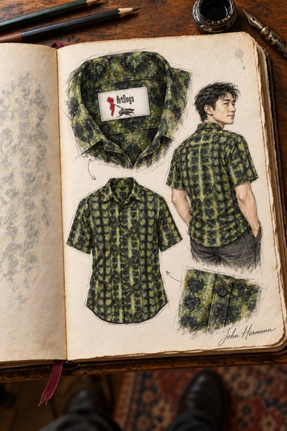Designer Handbook interior collar label macro of Leaves Men's Short Sleeve Shirt, drawn in John Hermann's atelier sketchbook