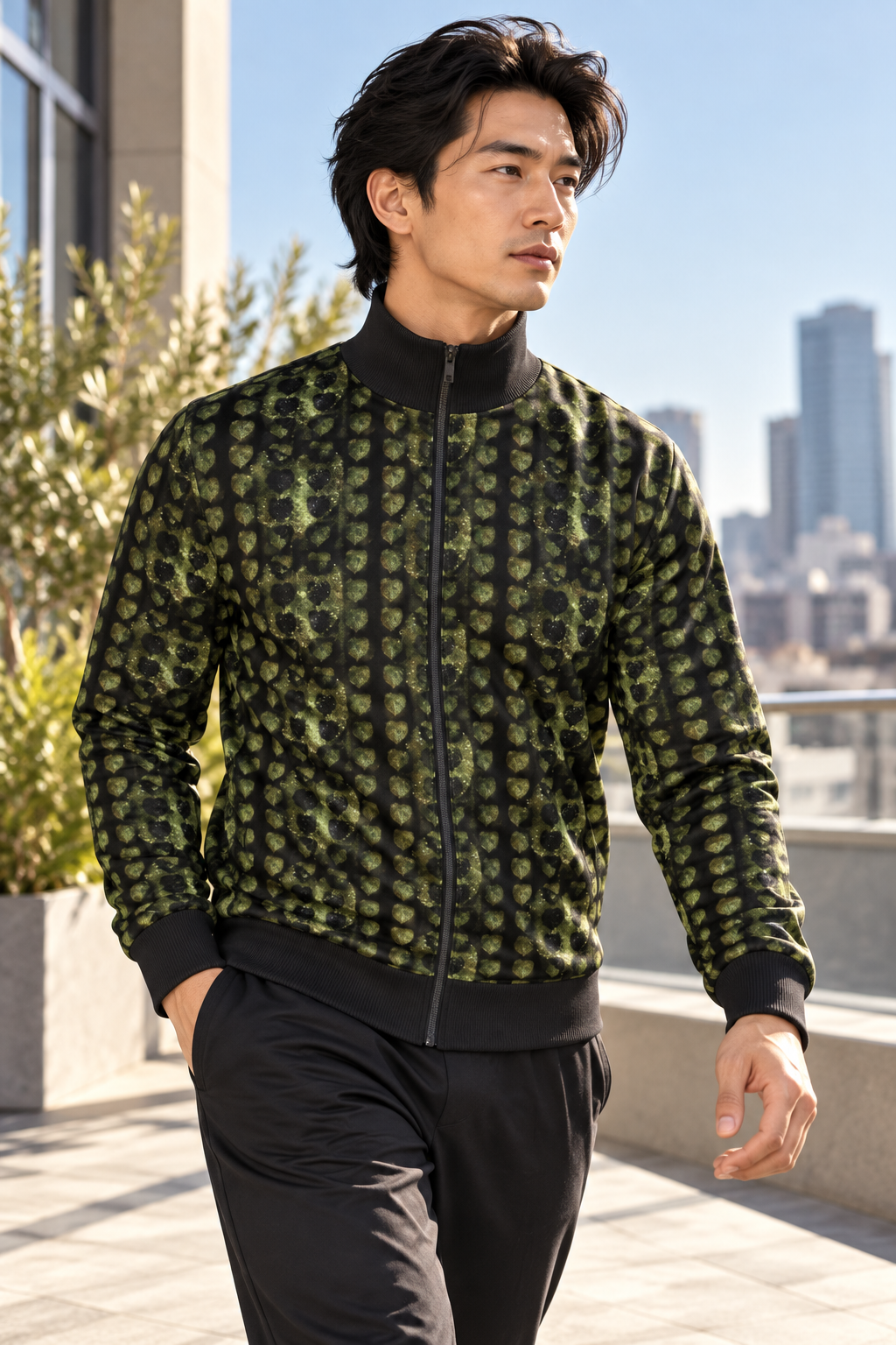 Leaves men’s tracksuit jacket, terrace side, East Asian model