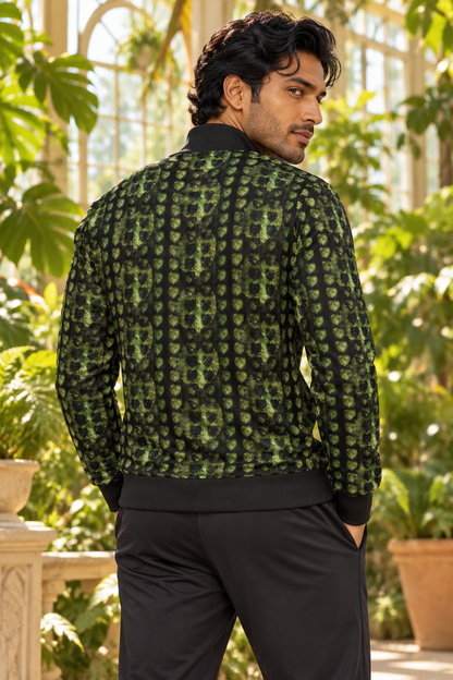 Leaves men’s tracksuit jacket, conservatory back, South Asian model