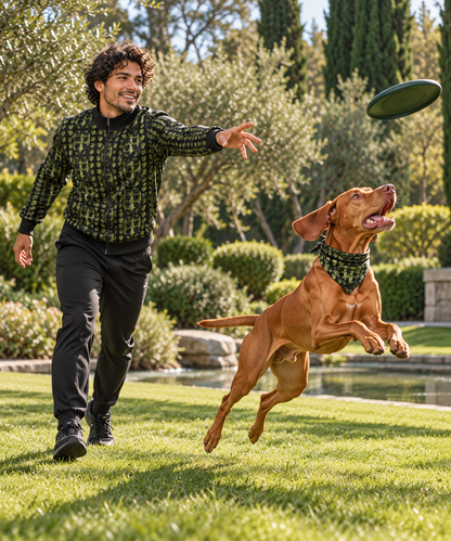 Leaves men’s tracksuit jacket, owner and adult Vizsla catching frisbee