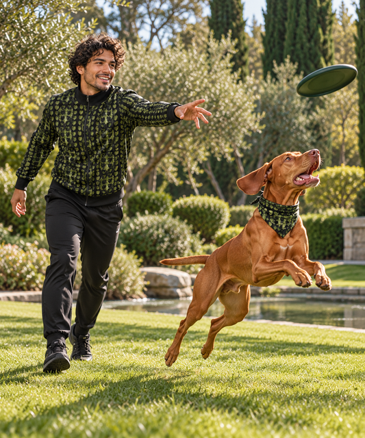 Leaves men’s tracksuit jacket, owner and adult Vizsla catching frisbee