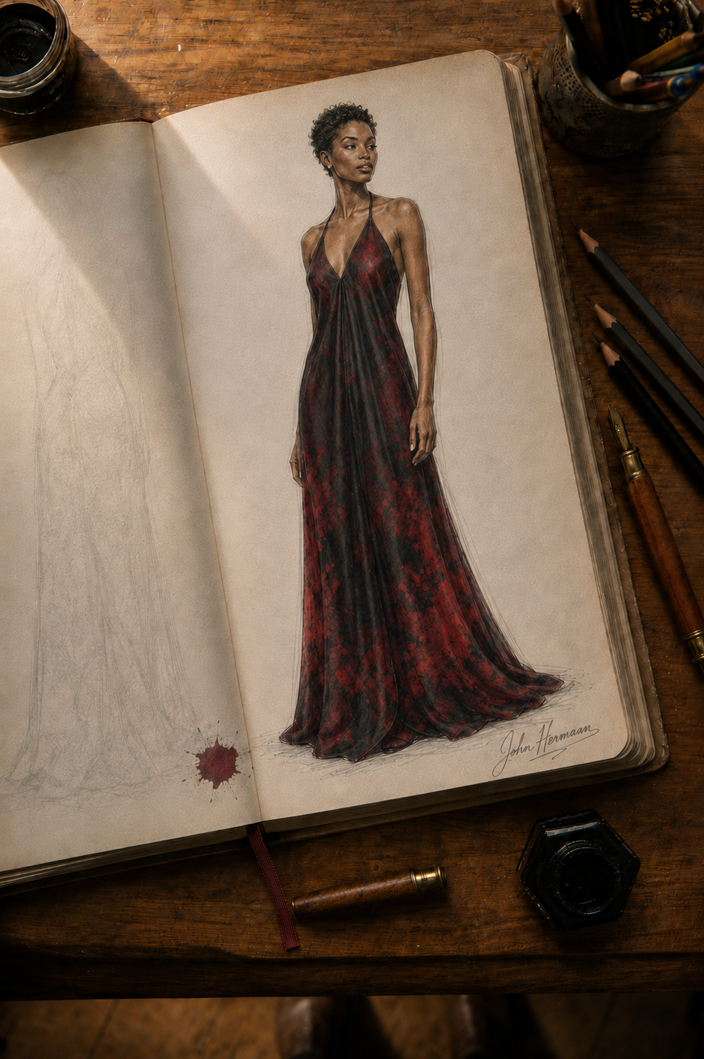 Love's Passion Halterneck Backless Dress designer storybook — front sketch