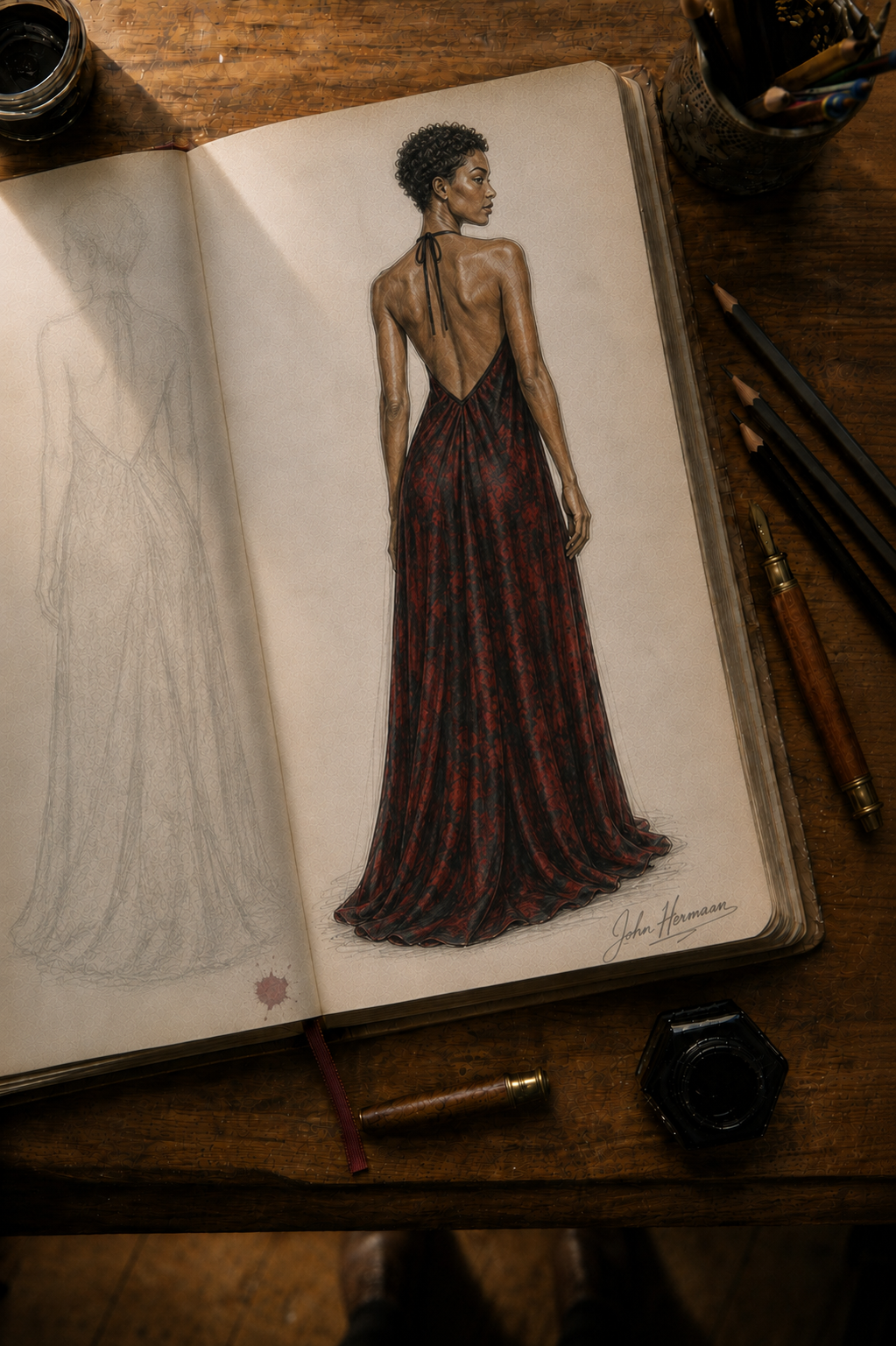Love's Passion Halterneck Backless Dress designer storybook — open-back sketch
