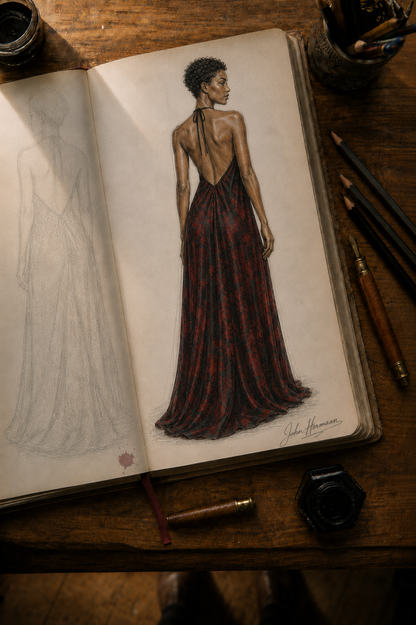 Love's Passion Halterneck Backless Dress designer storybook — open-back sketch
