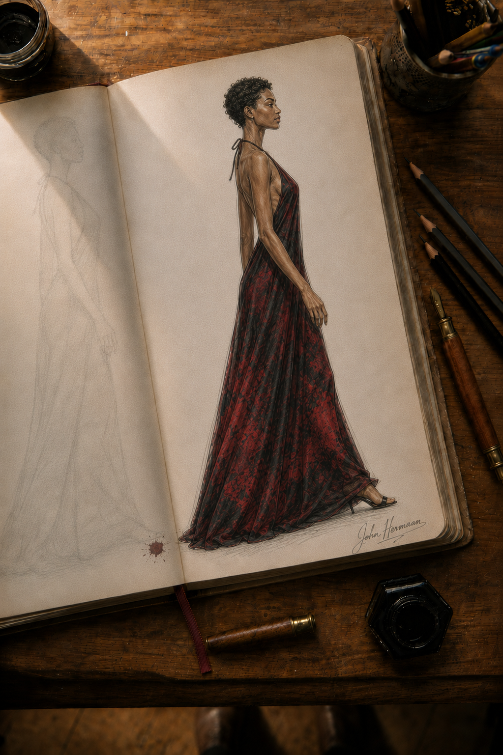 Love's Passion Halterneck Backless Dress designer storybook — side-profile sketch