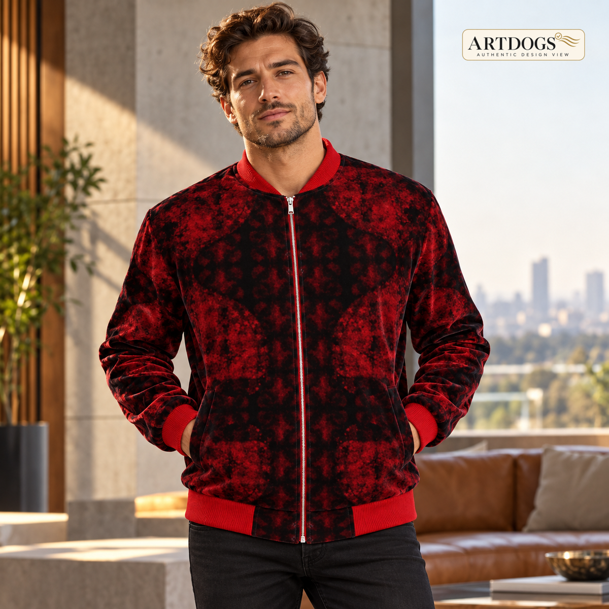 Love's Passion Men's Bomber Jacket Marble Velvet front Authentic Design View