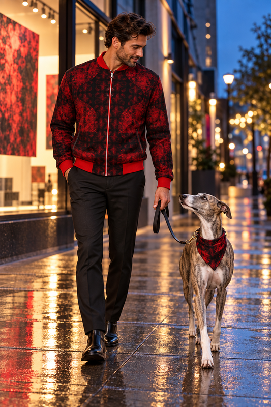 Man wearing Love's Passion Men's Bomber Jacket walking with an adult Whippet in a matching artwork bandana