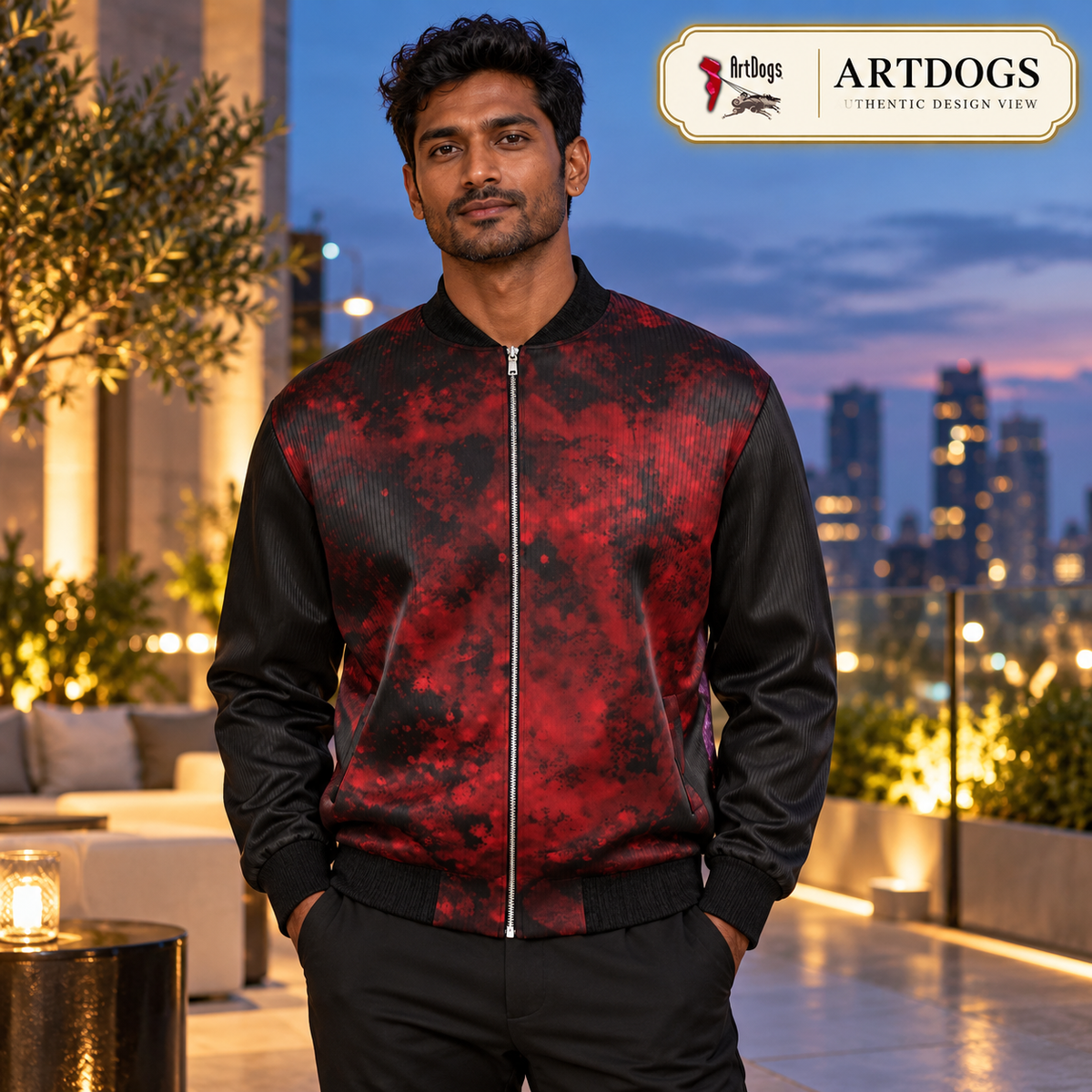 Love's Passion Men's Reversible Silk Bomber Jacket — Authentic Design View side A front