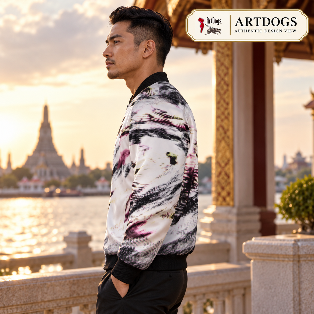 Love's Passion Men's Reversible Silk Bomber Jacket — Authentic Design View side B left profile