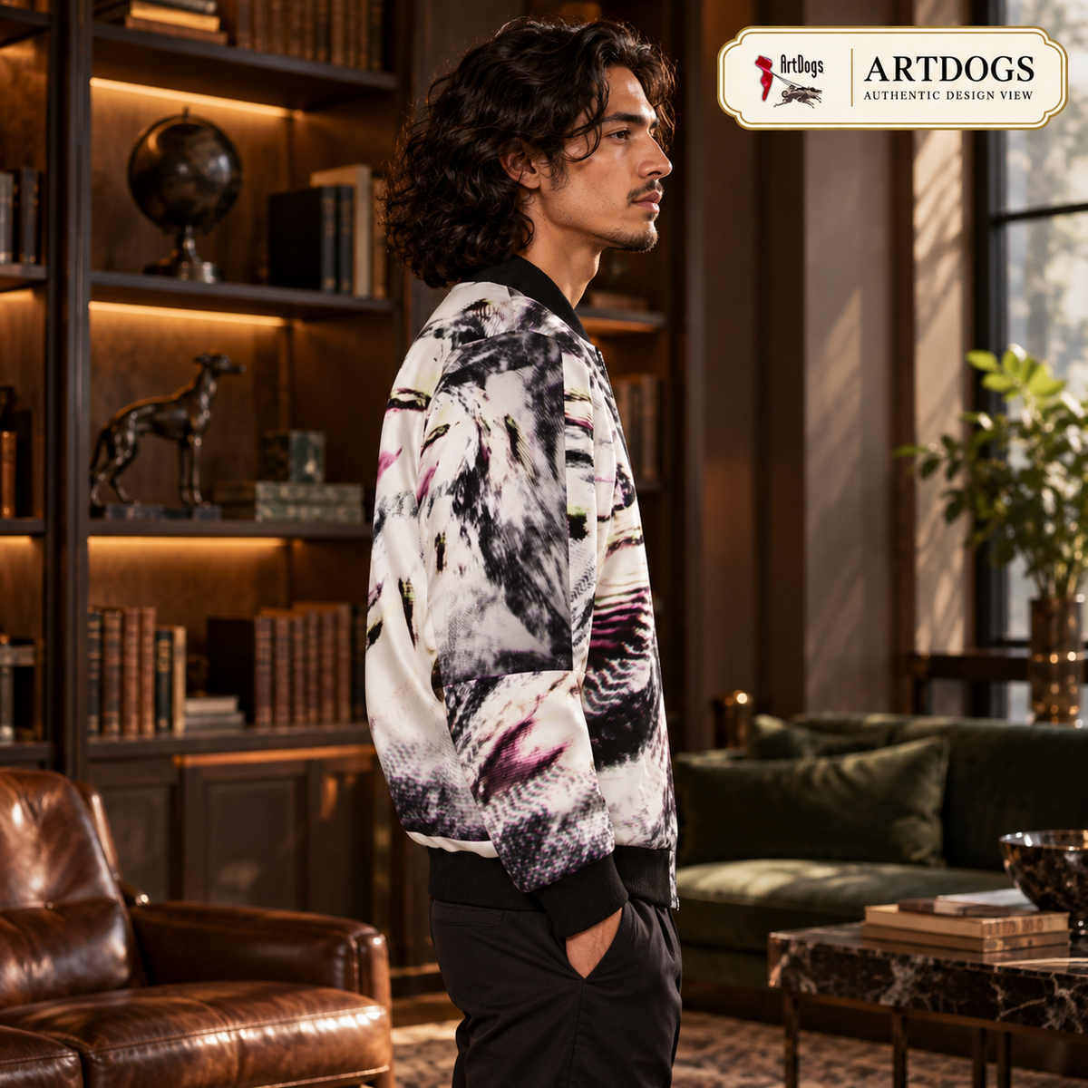 Love's Passion Men's Reversible Silk Bomber Jacket — Authentic Design View side B right profile