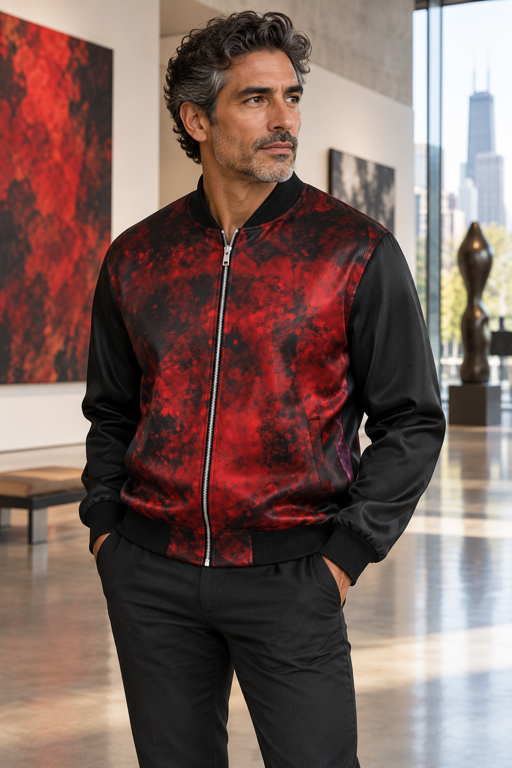 Love's Passion Men's Reversible Silk Bomber Jacket — photorealistic fashion side A front view