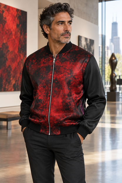 Love's Passion Men's Reversible Silk Bomber Jacket — photorealistic fashion side A front view