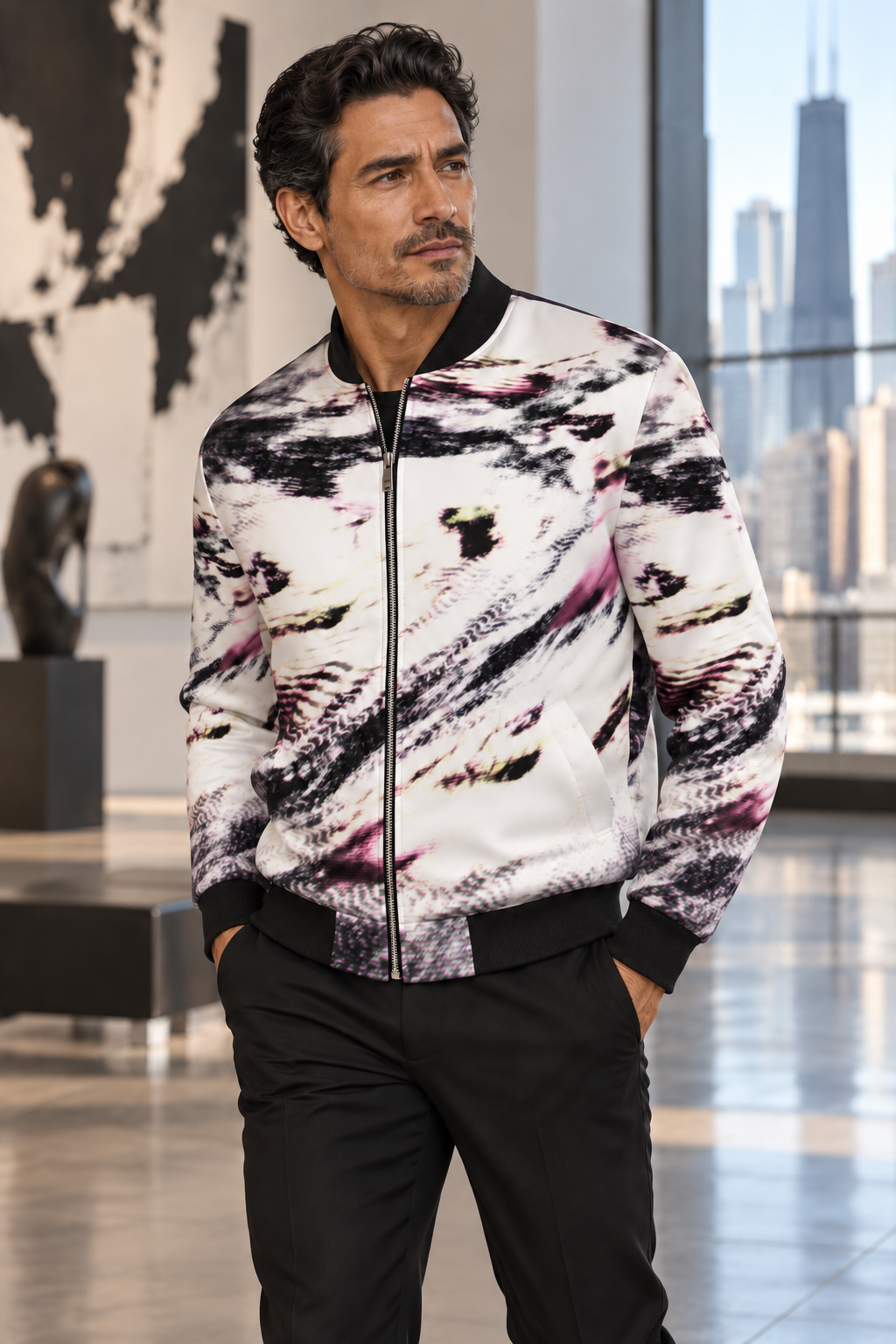 Love's Passion Men's Reversible Silk Bomber Jacket — photorealistic fashion side B front view