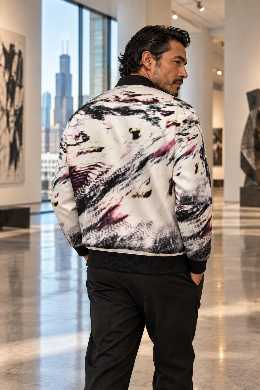 Love's Passion Men's Reversible Silk Bomber Jacket — photorealistic fashion side B back view