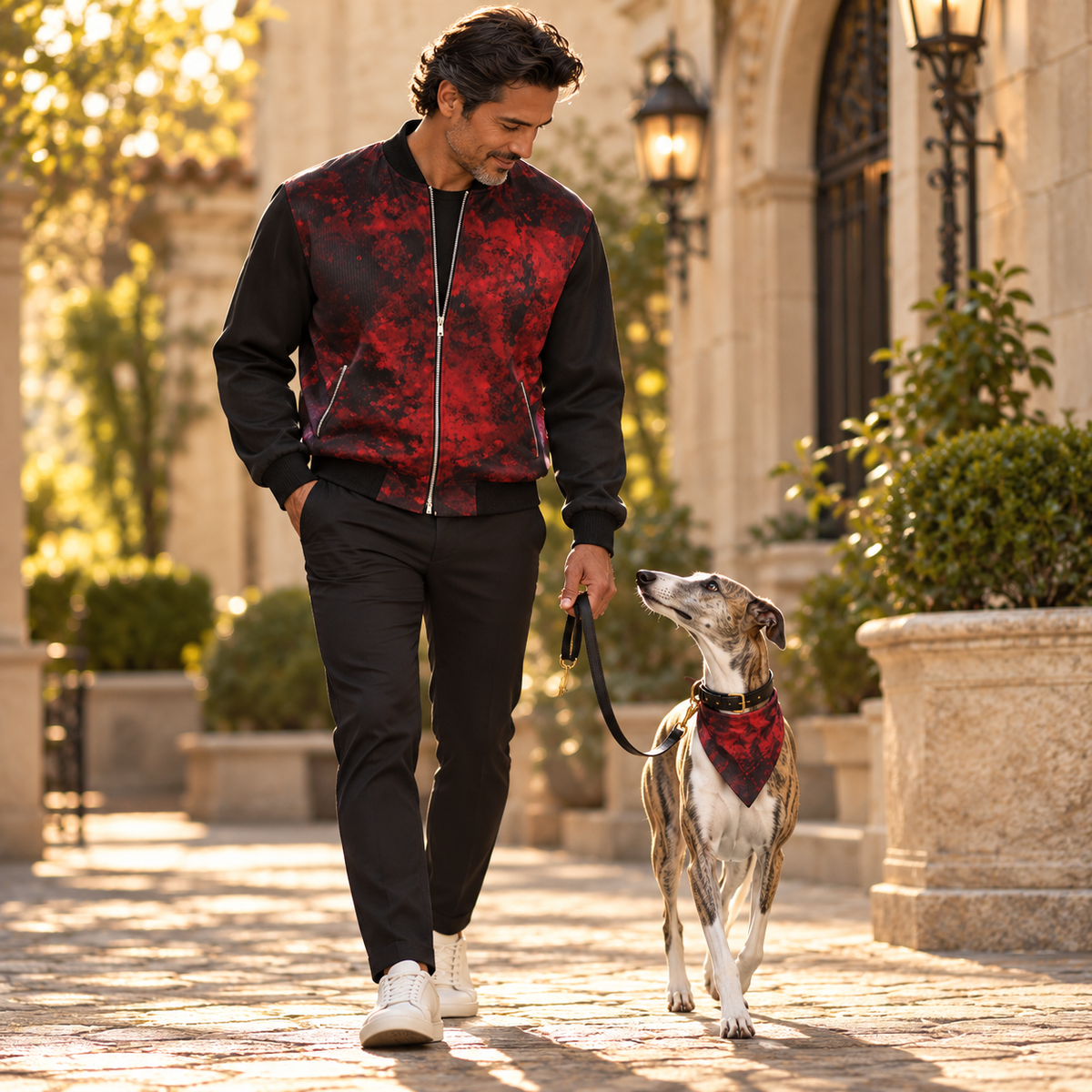 Love's Passion Men's Reversible Silk Bomber Jacket — owner with registered adult Whippet companion