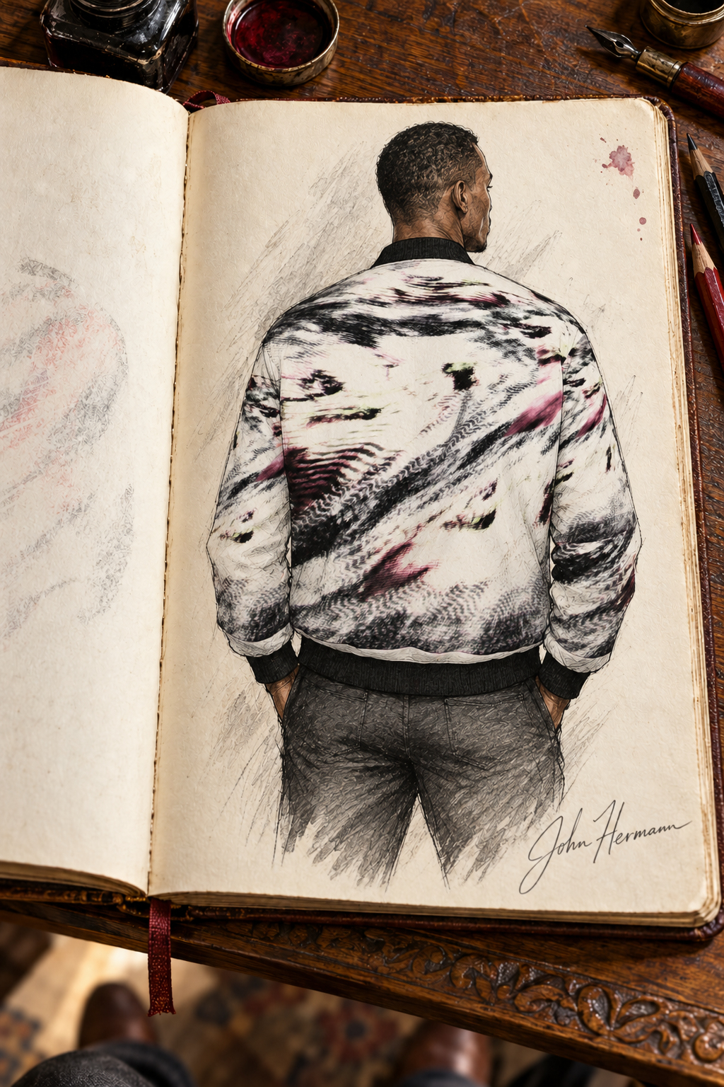 Love's Passion Men's Reversible Silk Bomber Jacket — Handbook side B back view