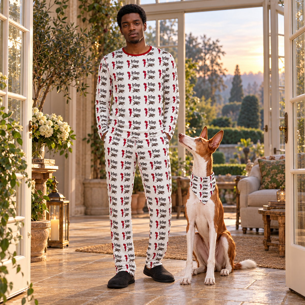 ArtDog's Men's Night Set — man wearing the matching ArtDogs logo pajama top and trousers beside a red-and-white Ibizan Hound in a matching bandana.