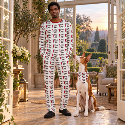 ArtDog's Men's Night Set — man wearing the matching ArtDogs logo pajama top and trousers beside a red-and-white Ibizan Hound in a matching bandana.