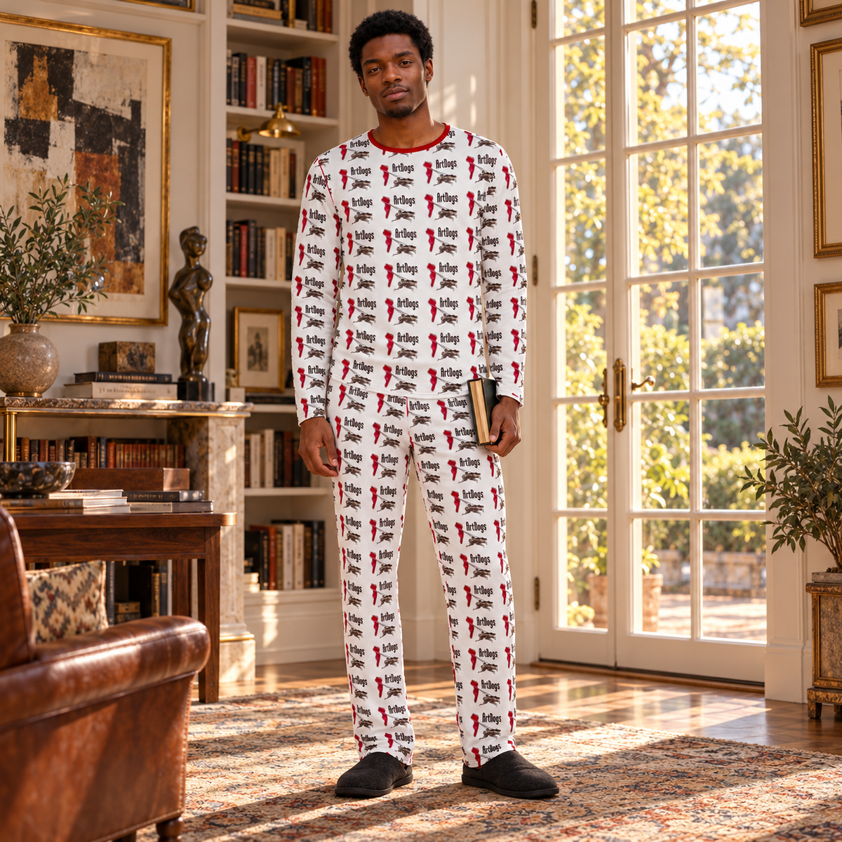 ArtDog's Men's Night Set — full front fashion photograph of the matching long-sleeved logo top and straight-leg trousers in a sunlit reading room.