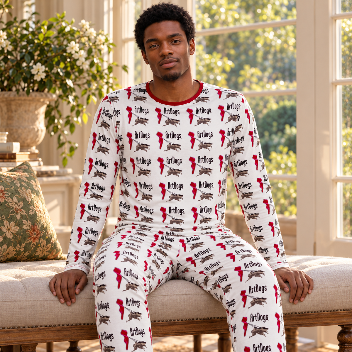 ArtDog's Men's Night Set — seated front fashion detail showing the red neckline, long sleeves and ArtDogs logo repeat.