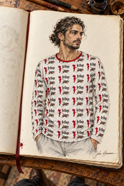 ArtDog's Men's Night Set — hand-drawn top-front design study showing the red crew neckline and ArtDogs logo repeat, signed John Hermann.