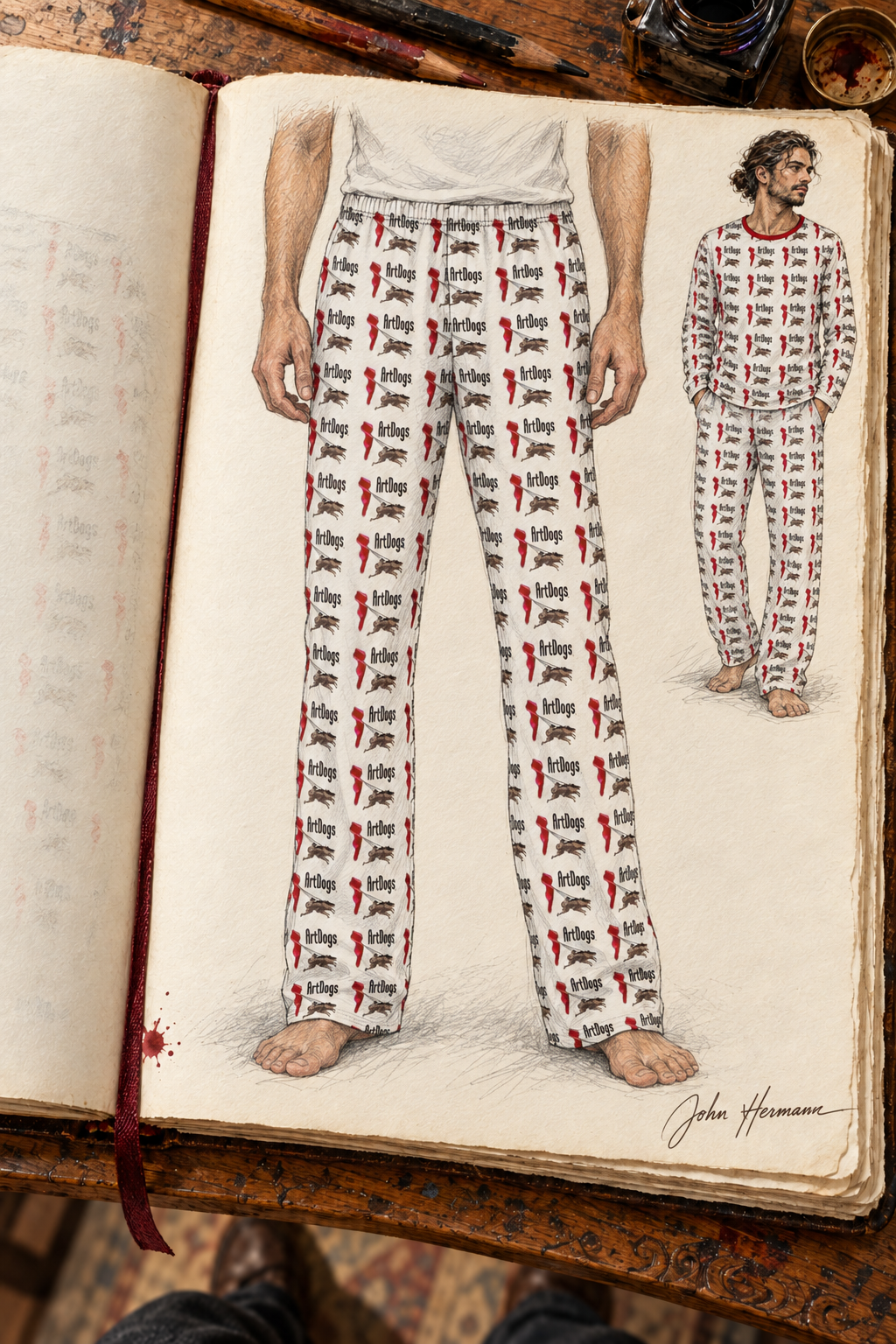 ArtDog's Men's Night Set — hand-drawn trouser-front study with a small matching-set sketch, signed John Hermann.