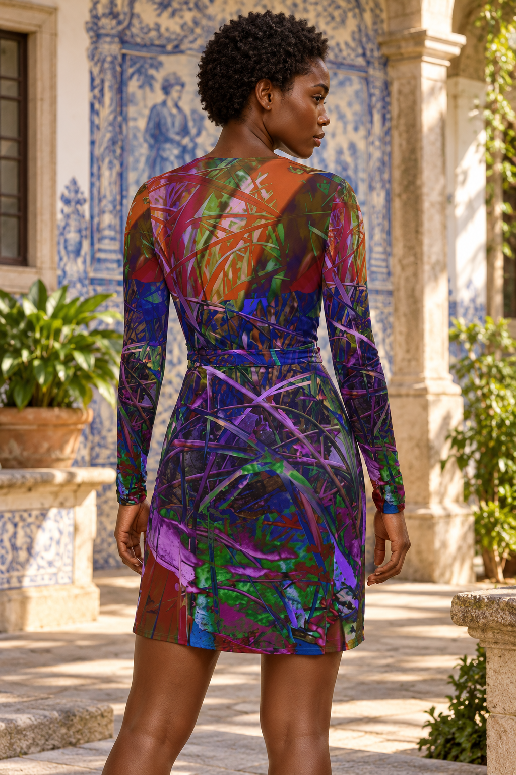 Metroid Prime Above-The-Knee Wrap Dress — photorealistic fashion back view, above-knee length, Solange Silky Jersey 6.34 oz.