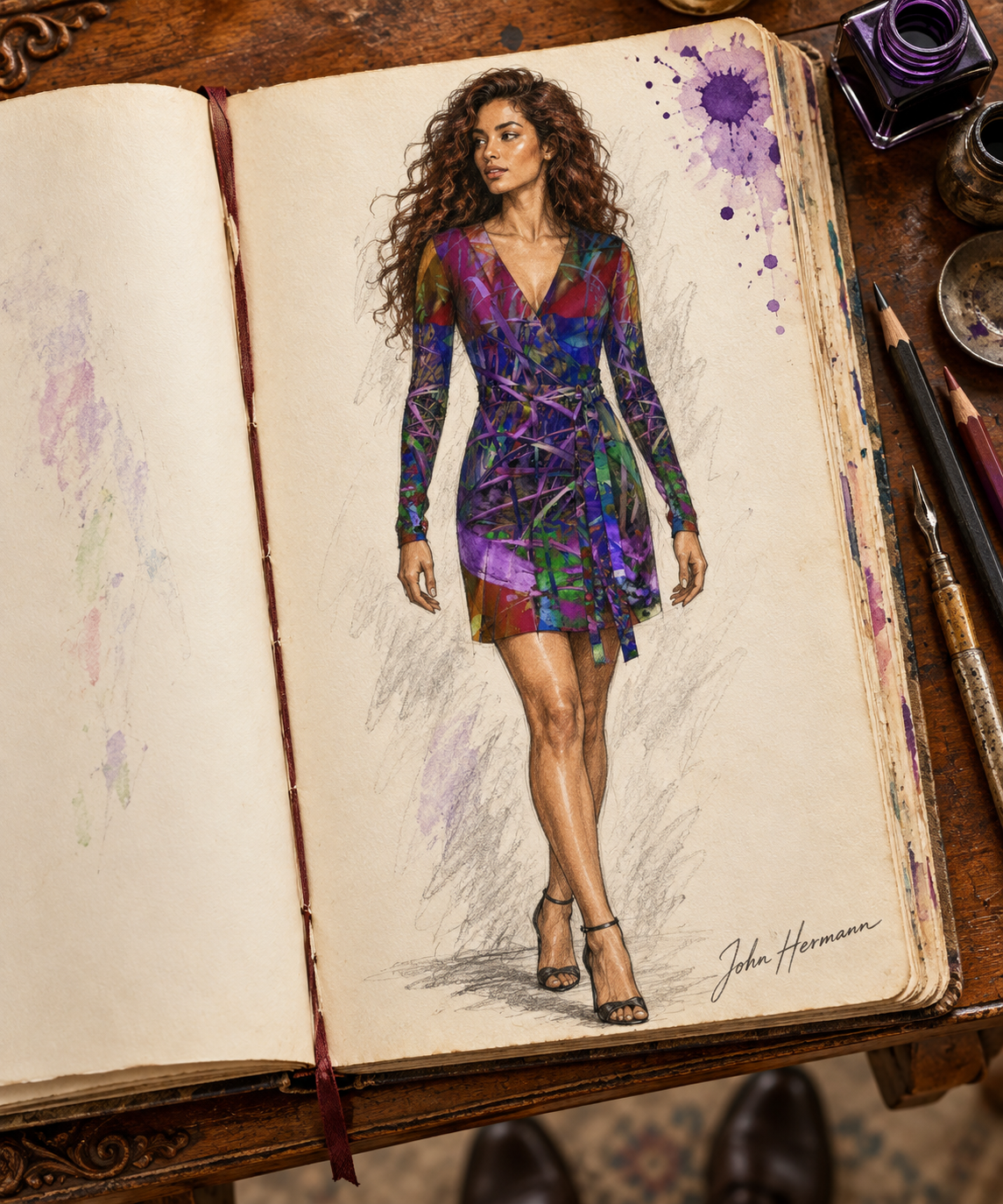 Metroid Prime Above-The-Knee Wrap Dress — hand-drawn designer Handbook, front full, above-knee length.