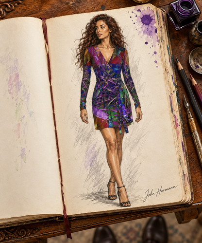 Metroid Prime Above-The-Knee Wrap Dress — hand-drawn designer Handbook, front full, above-knee length.