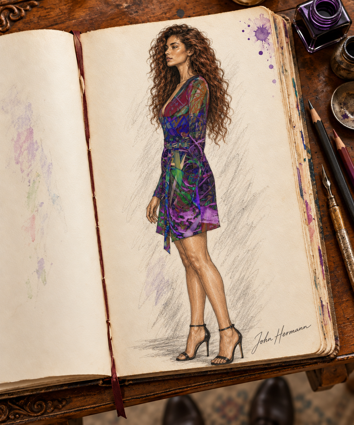 Metroid Prime Above-The-Knee Wrap Dress — hand-drawn designer Handbook, left profile, above-knee length.