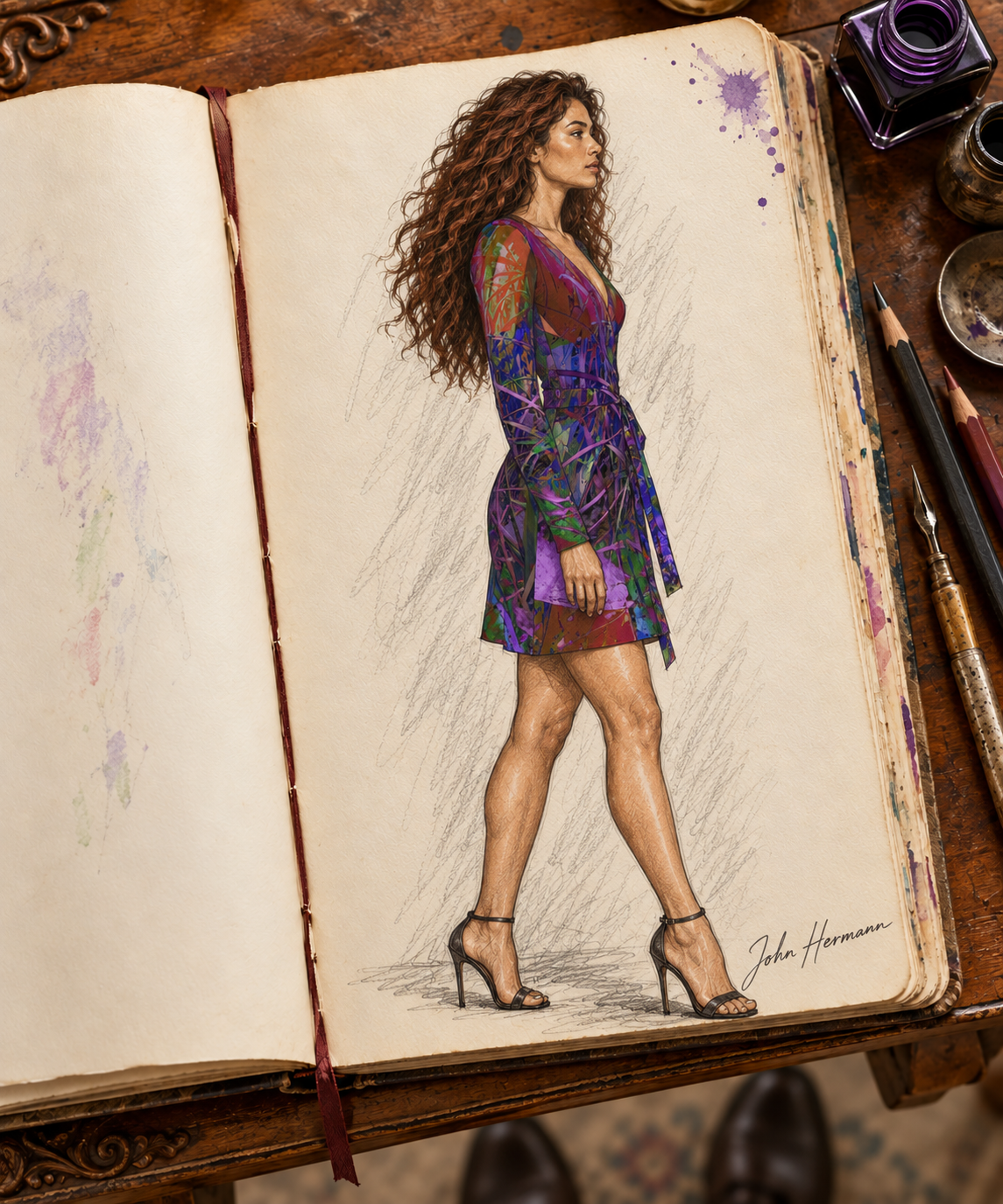Metroid Prime Above-The-Knee Wrap Dress — hand-drawn designer Handbook, right profile, above-knee length.