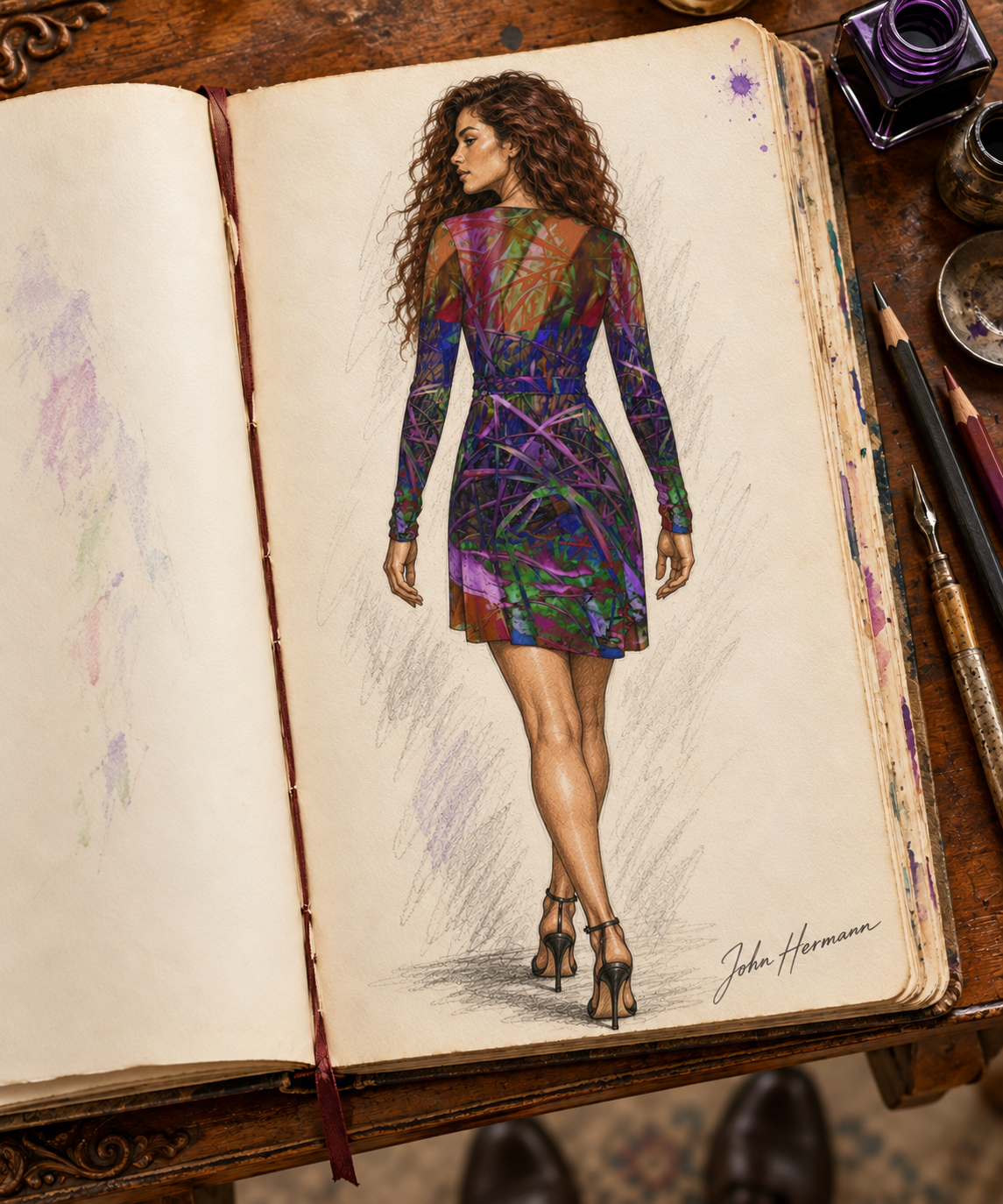 Metroid Prime Above-The-Knee Wrap Dress — hand-drawn designer Handbook, back full, above-knee length.