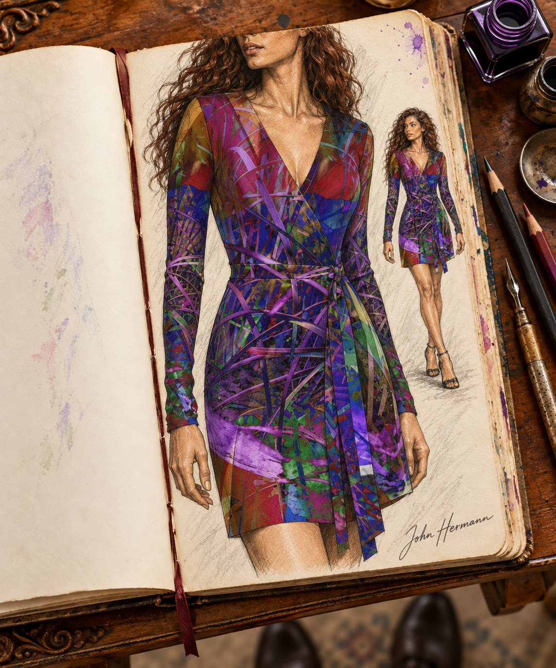 Metroid Prime Above-The-Knee Wrap Dress — hand-drawn designer Handbook, front wrap tie, above-knee length.