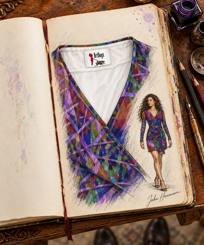 Metroid Prime Above-The-Knee Wrap Dress — hand-drawn designer Handbook, interior label, above-knee length.