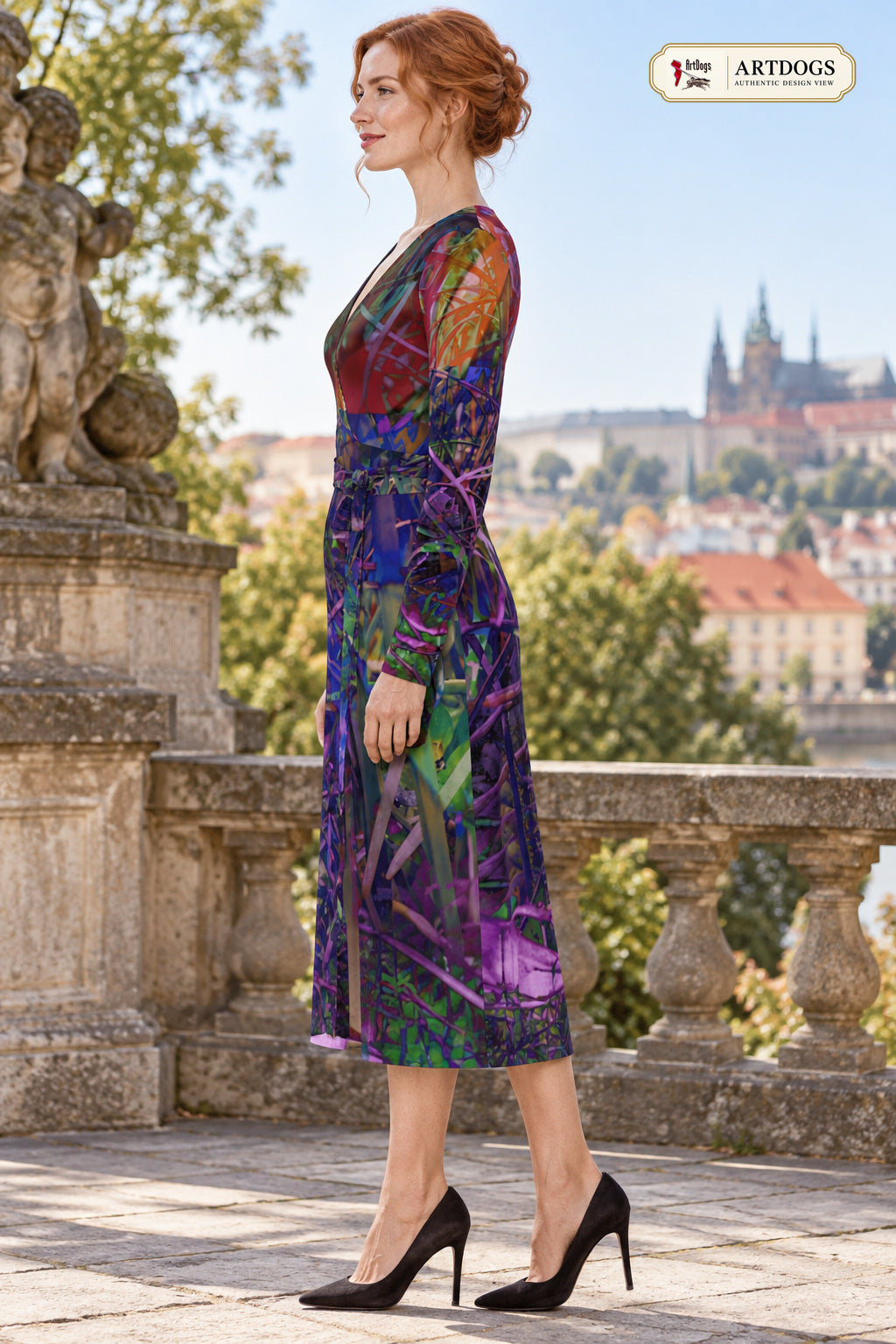 Metroid Prime Calf or Below length Long Wrap Dress — certified Authentic Design View, left profile, Long length, Solange Silky Jersey 6.34 oz.