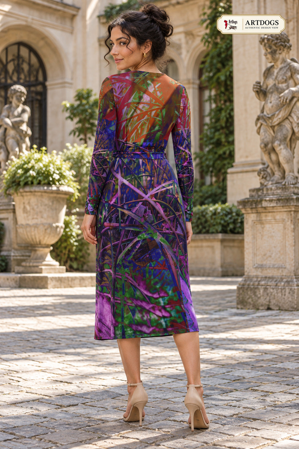 Metroid Prime Calf or Below length Long Wrap Dress — certified Authentic Design View, back full, Long length, Solange Silky Jersey 6.34 oz.