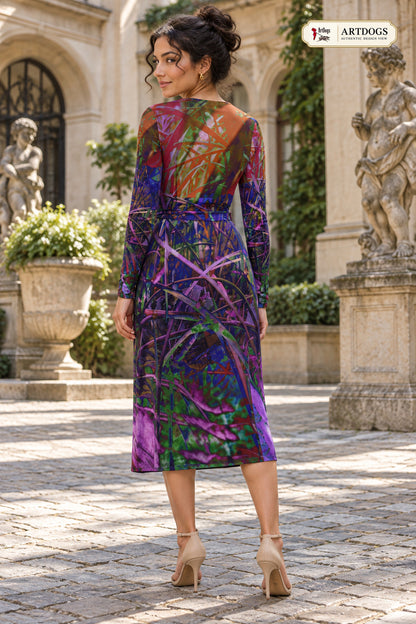 Metroid Prime Calf or Below length Long Wrap Dress — certified Authentic Design View, back full, Long length, Solange Silky Jersey 6.34 oz.