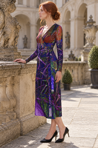 Metroid Prime Calf or Below length Long Wrap Dress — photorealistic fashion left side view, Long length, Solange Silky Jersey 6.34 oz.