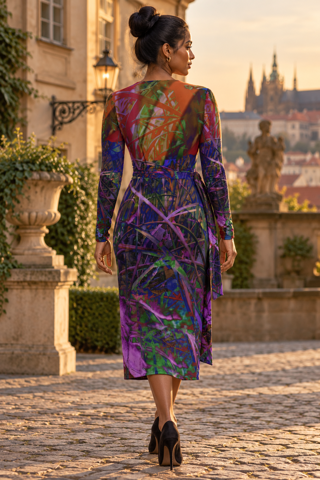 Metroid Prime Calf or Below length Long Wrap Dress — photorealistic fashion back view, Long length, Solange Silky Jersey 6.34 oz.
