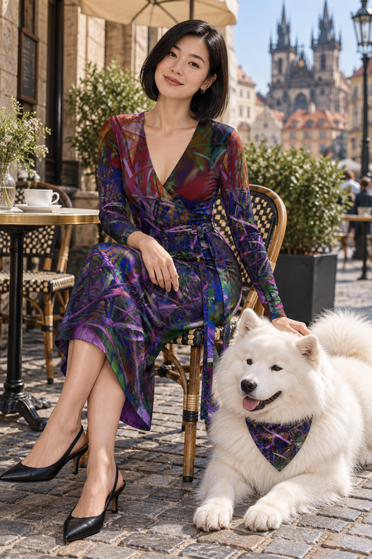 Metroid Prime Calf or Below length Long Wrap Dress — owner seated at a cafe with an adult white Samoyed resting beside her in a matching Metroid Prime artwork bandana.