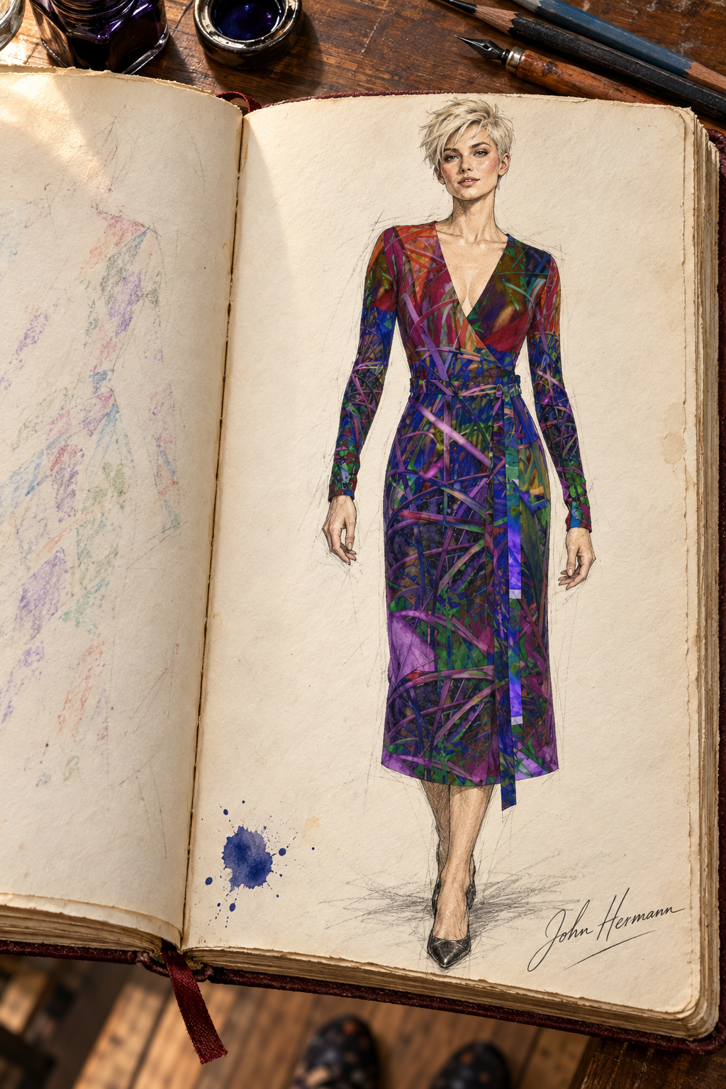 Metroid Prime Calf or Below length Long Wrap Dress — hand-drawn designer Handbook, front full, Long length.