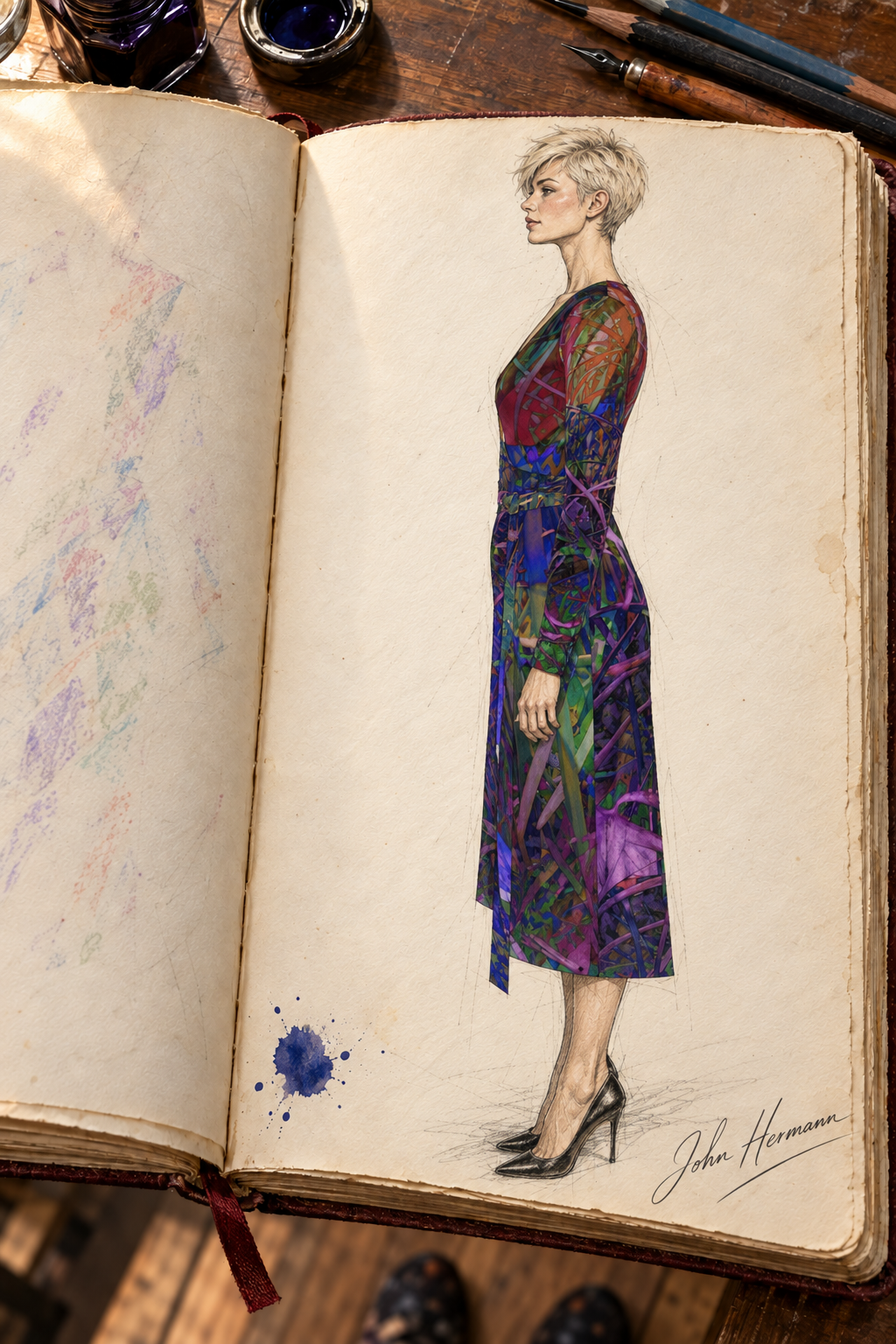 Metroid Prime Calf or Below length Long Wrap Dress — hand-drawn designer Handbook, left profile, Long length.