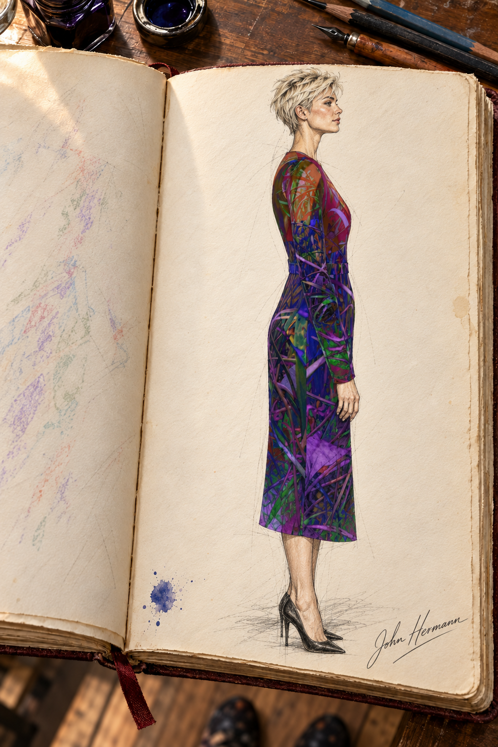 Metroid Prime Calf or Below length Long Wrap Dress — hand-drawn designer Handbook, right profile, Long length.