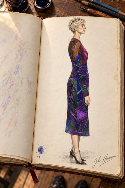Metroid Prime Calf or Below length Long Wrap Dress — hand-drawn designer Handbook, right profile, Long length.